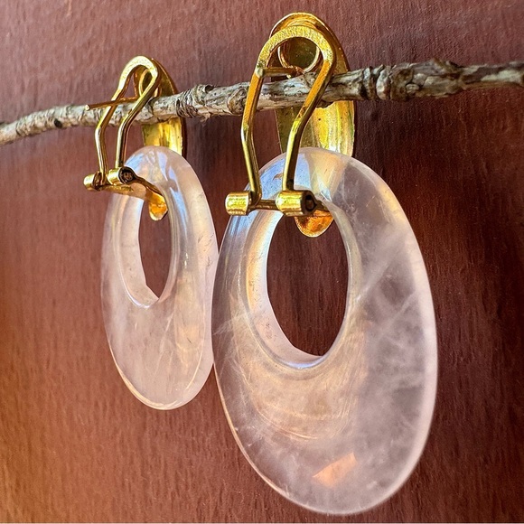 Vintage 🖤 80s Retro Gold Tone & Rose Quartz Pink Dangle Drop Chunky Earrings - Picture 4 of 8
